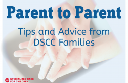 DSCC logo, image of hands representing parent-to-parent support